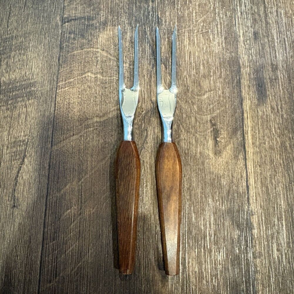 Vintage Mid Century Wooden Handle Meat Forks Set of 2 Stainless Steel Carving